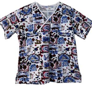 Mobb Women's Blue White Classic Christmas Winter Theme Scrub Top (Size Medium)